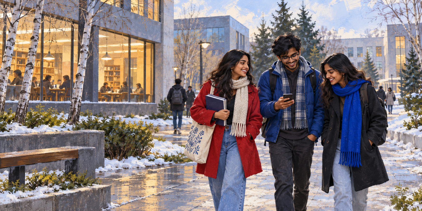 Illustration of Indian students walking together through a snowy Russian university campus