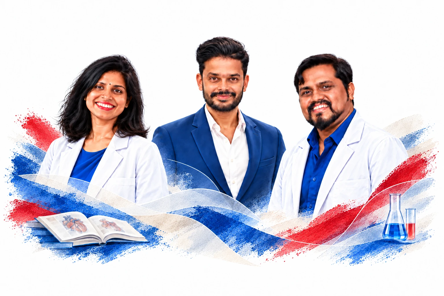 Editorial portraits of three EduRussia alumni above layered red, blue and translucent brushwork, with subtle medical study and research details